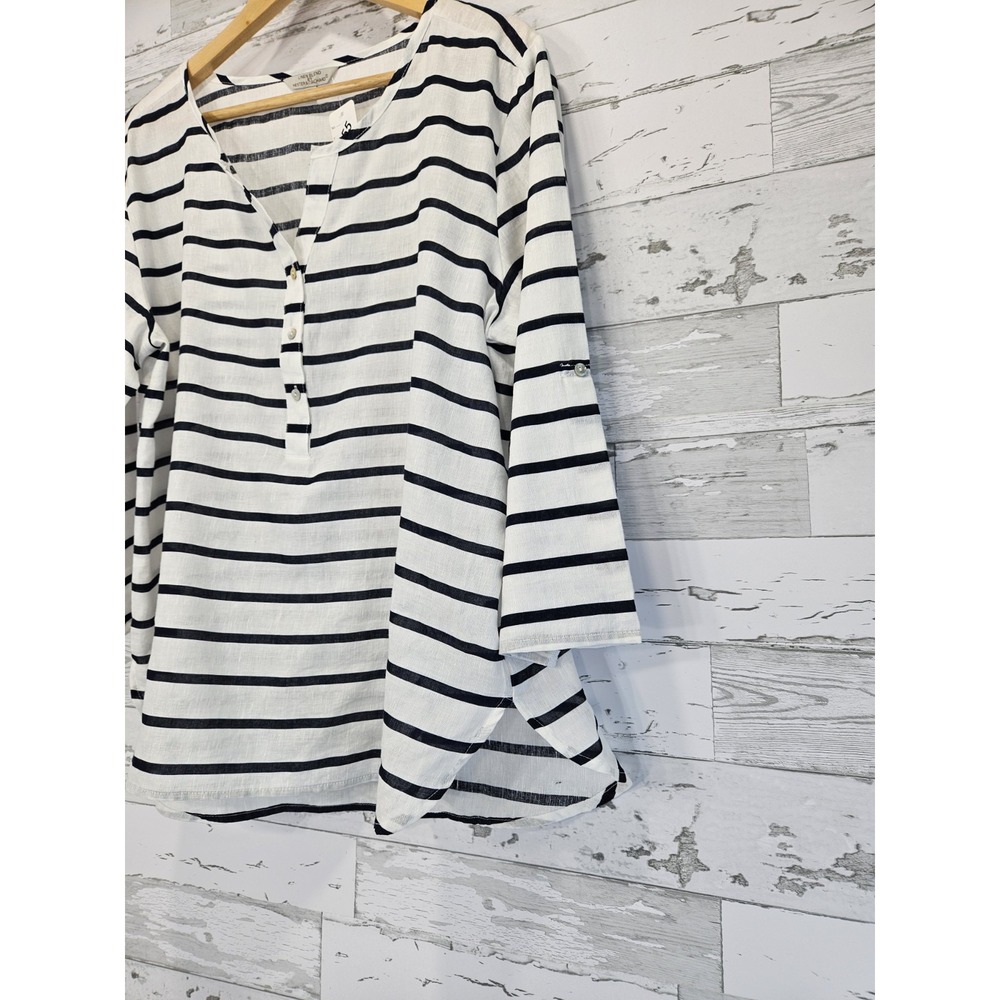 Hester & Orchard Linen Blend Top Striped Blue White Large 3/4 Sleeves - Picture 3 of 9